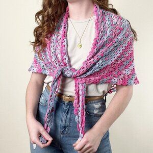 Handmade Open Crochet Knit Shawl Scarf Whimsical Floral Hand Made Shrug Bohemian